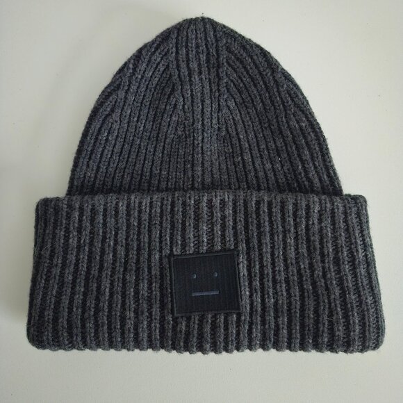 ACNE STUDIOS Pansy N Face 100% Wool Gray Beanie Unisex - Picture 2 of 8